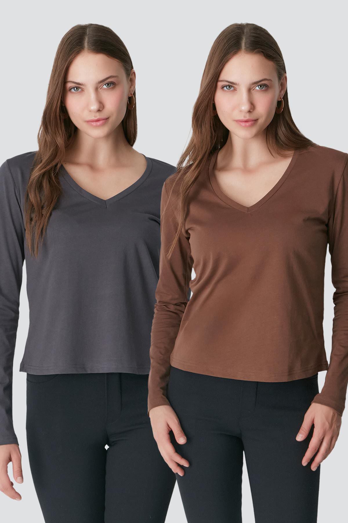 V-Ausschnitt Langarm 2er-Pack Basic T-Shirt