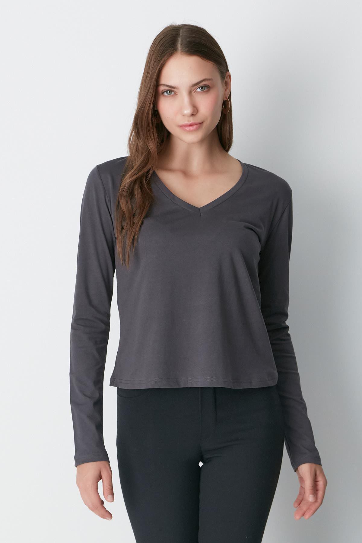 V-Ausschnitt Langarm 2er-Pack Basic T-Shirt