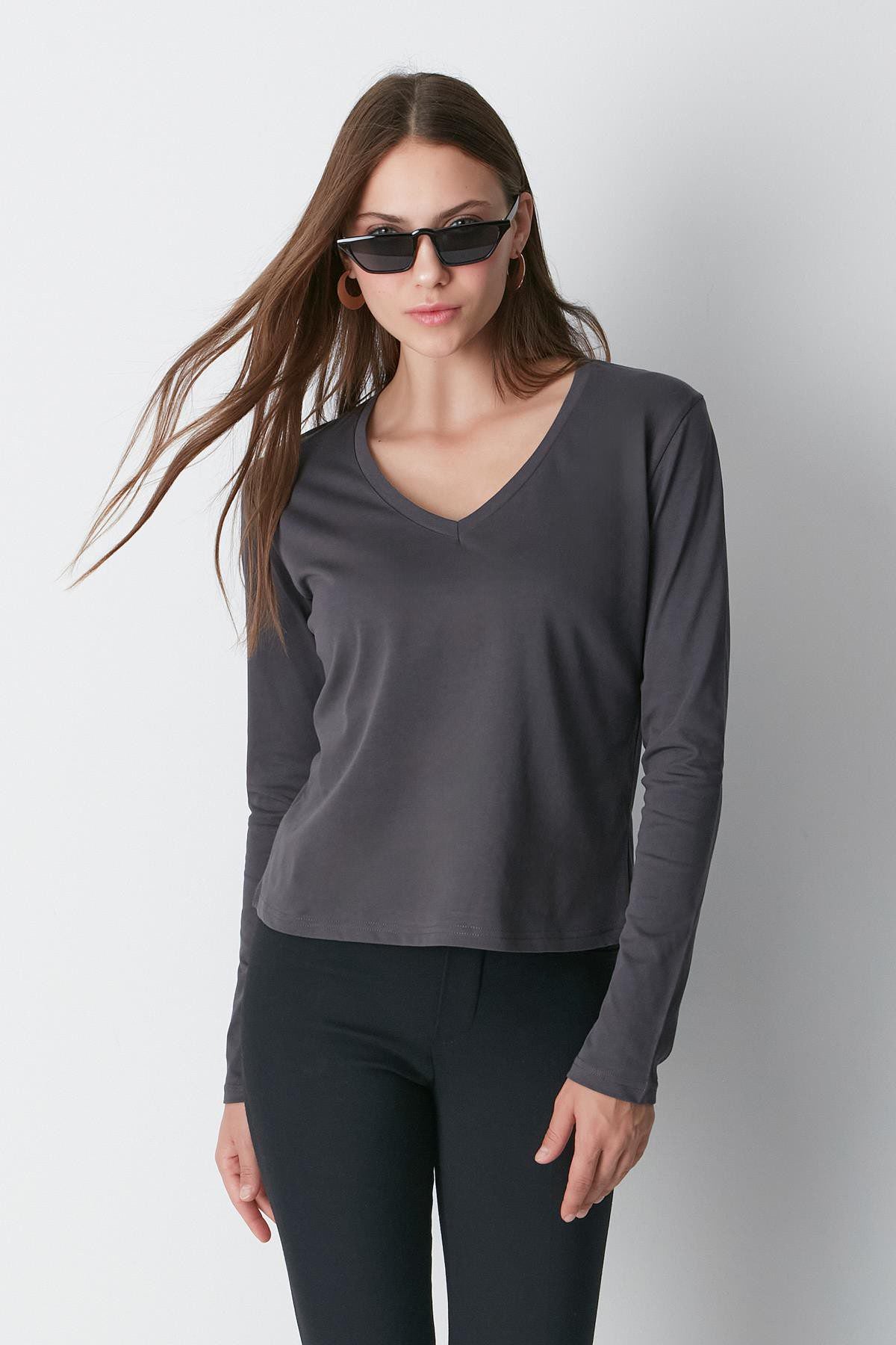 V-Ausschnitt Langarm 2er-Pack Basic T-Shirt