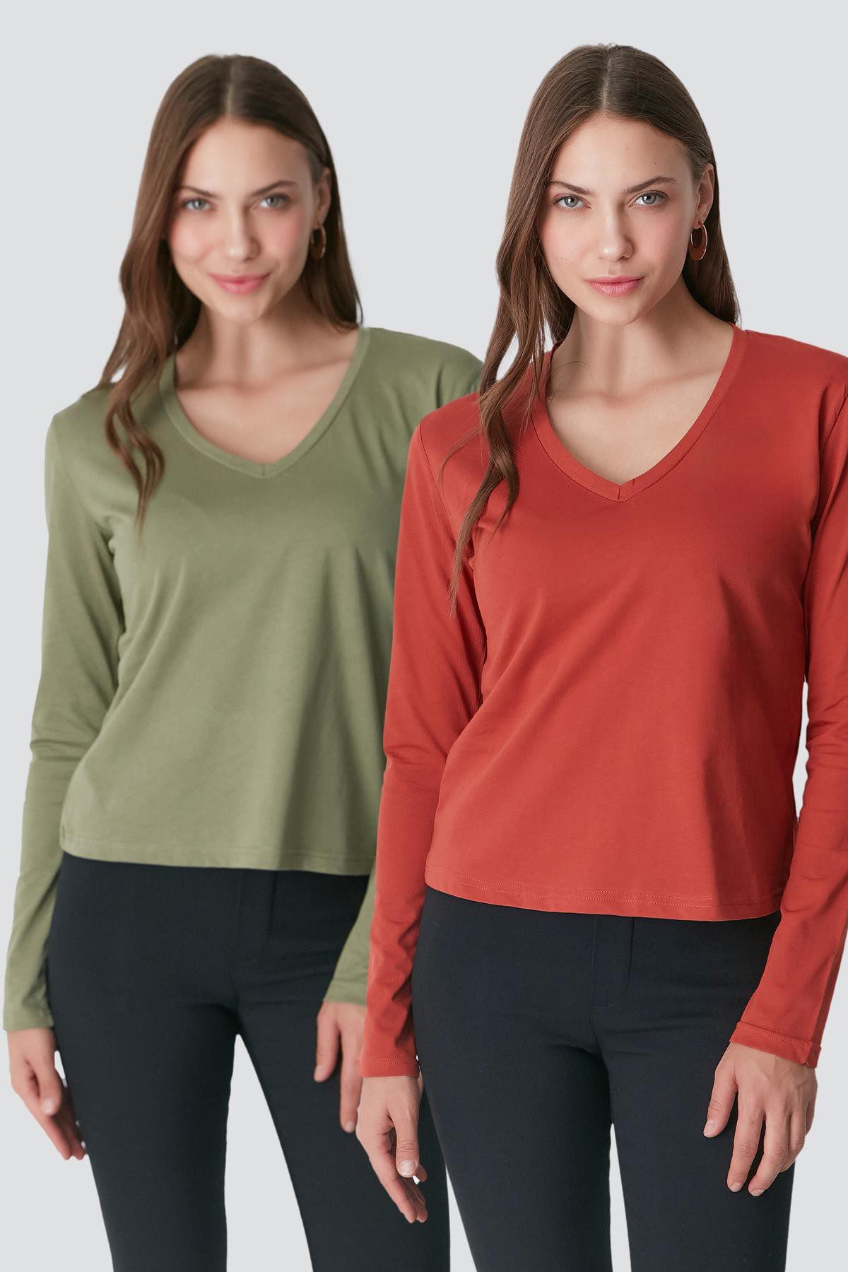 V-Ausschnitt Langarm 2er-Pack Basic T-Shirt