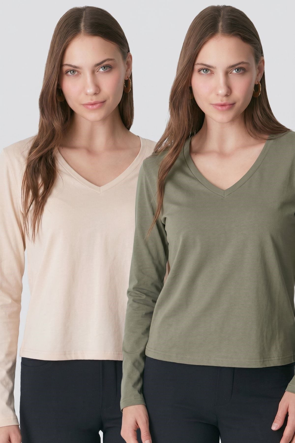 V-Ausschnitt Langarm 2er-Pack Basic T-Shirt