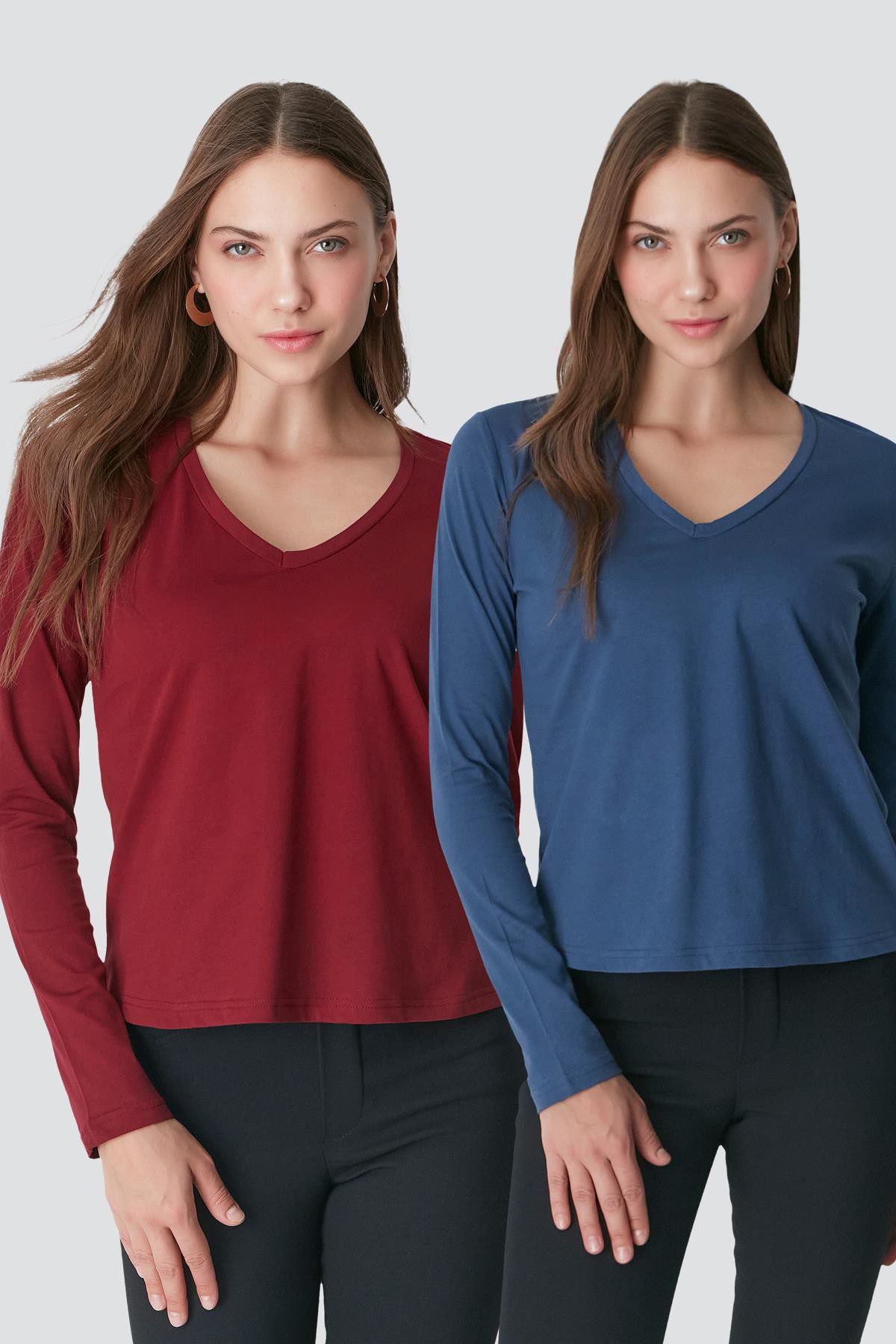 V-Ausschnitt Langarm 2er-Pack Basic T-Shirt
