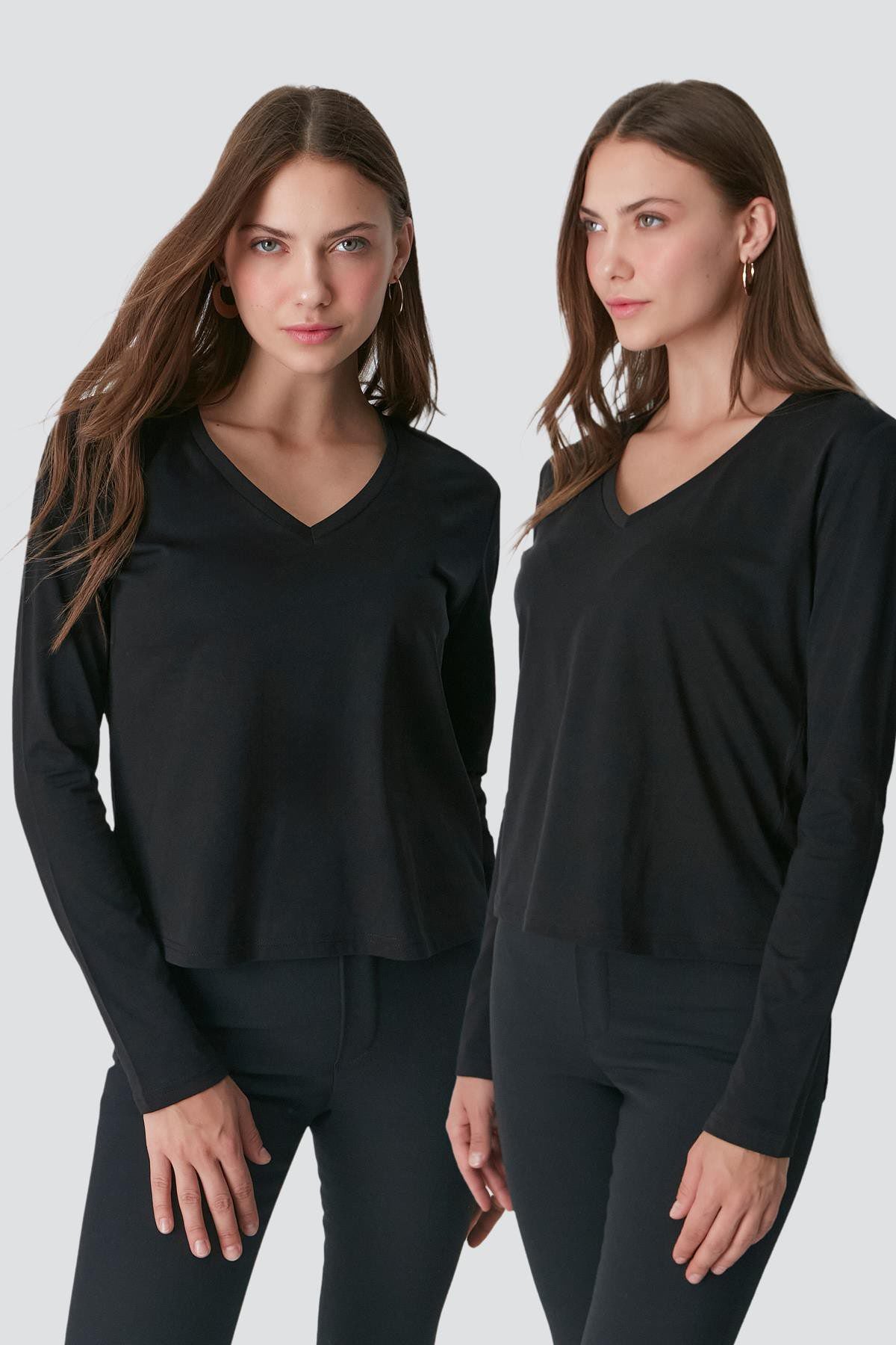 V-Ausschnitt Langarm 2er-Pack Basic T-Shirt