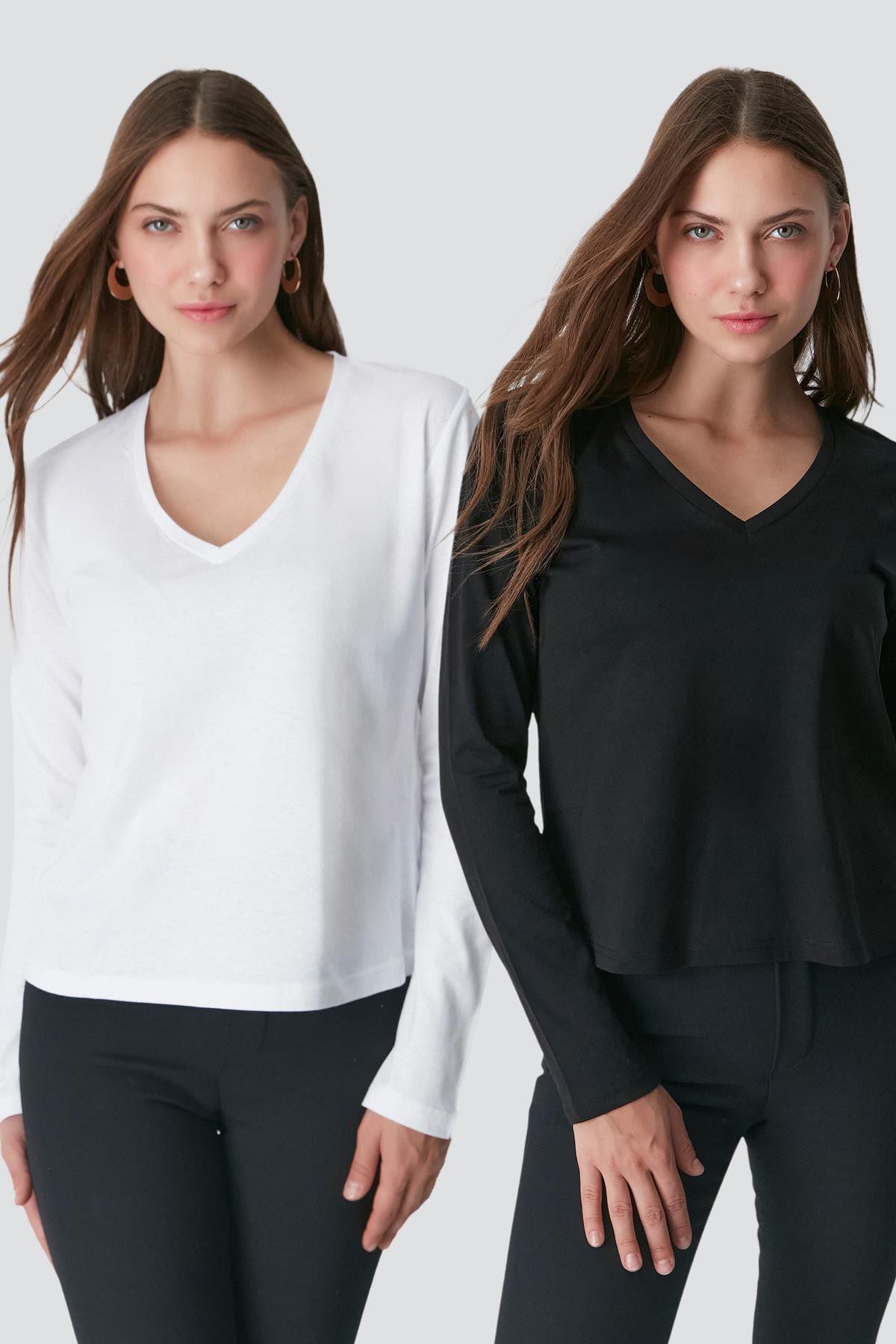 V-Ausschnitt Langarm 2er-Pack Basic T-Shirt