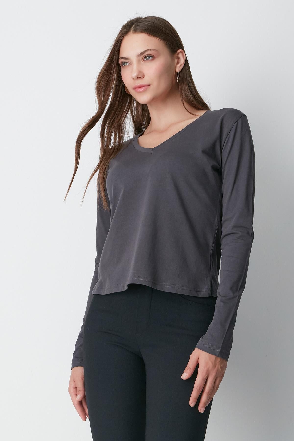 V-Ausschnitt Langarm 2er-Pack Basic T-Shirt