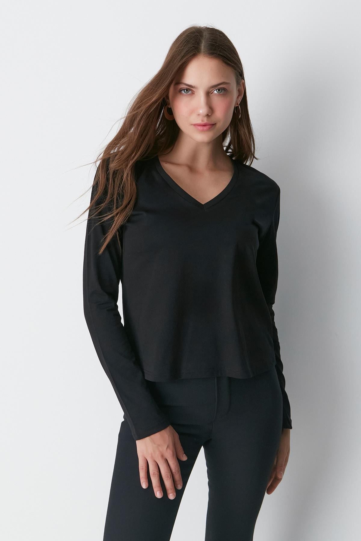 V-Ausschnitt Langarm 2er-Pack Basic T-Shirt