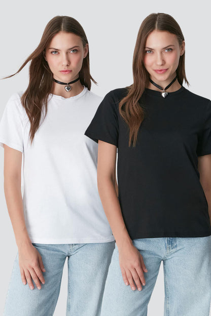 Kurzarm Basic T-Shirt mit Fahrradausschnitt - 2er Pack