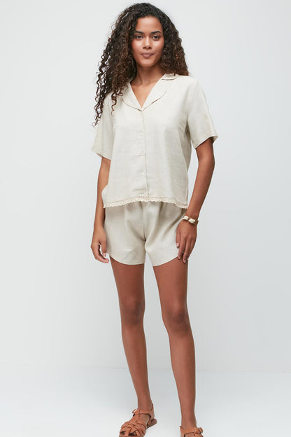 Kurzarm Spitzen Detail Shirt und Shorts Set