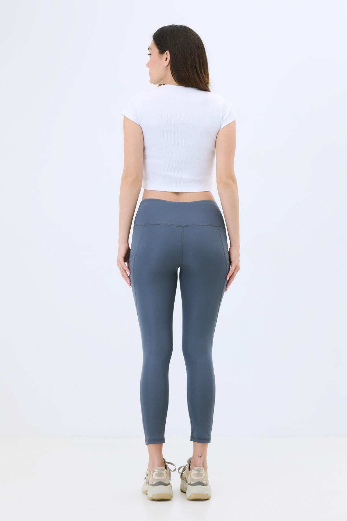 Hohe Taille Doppelte Tasche Formende Sport Leggings 9416 Grau