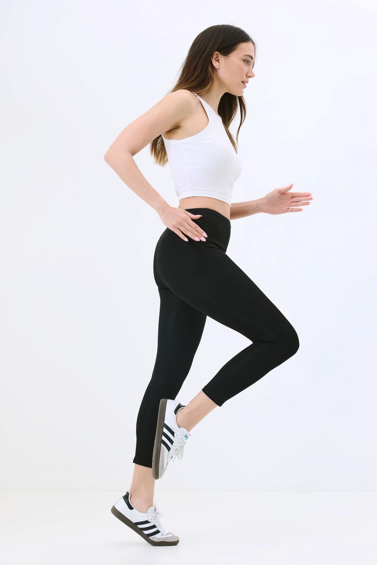 Hohe Taille Doppelte Tasche Formende Sport Leggings 9416 Grau