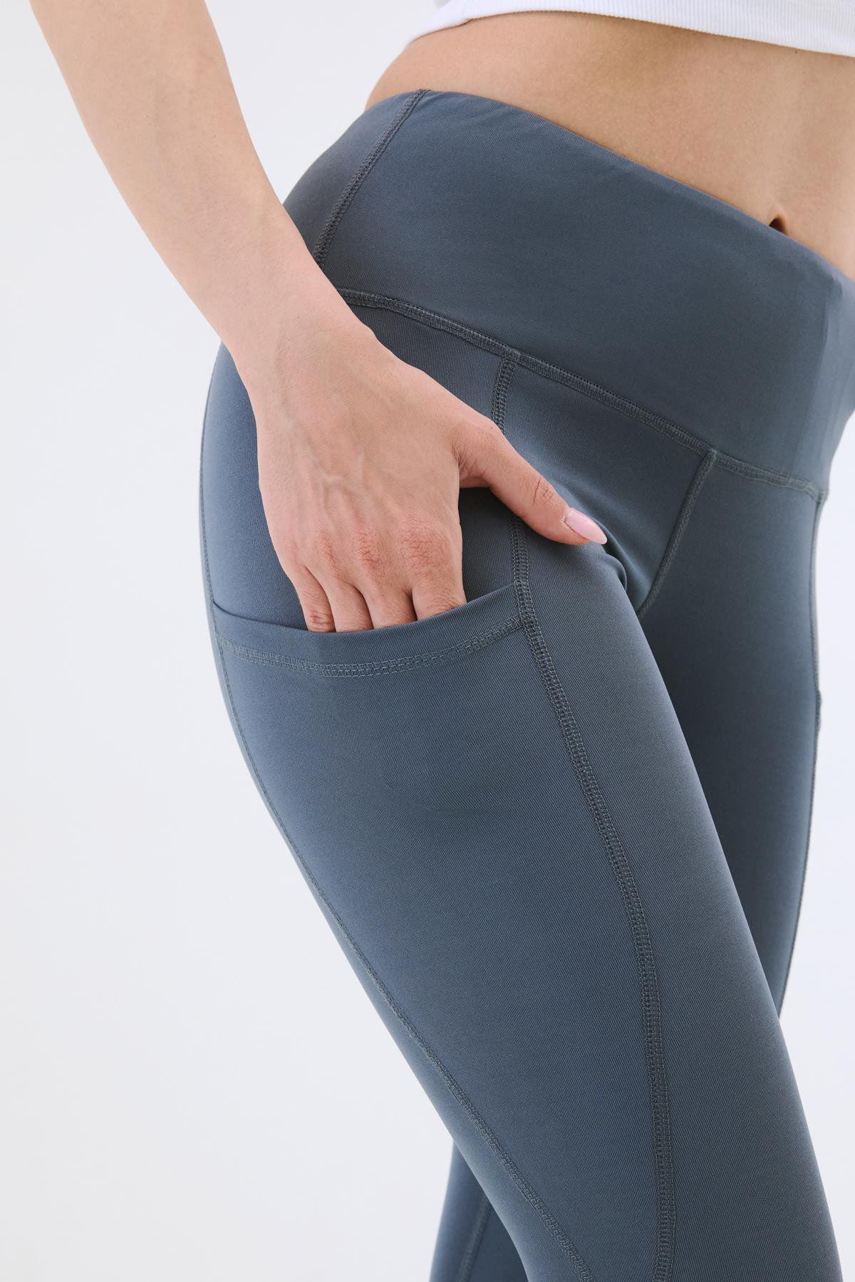 Hohe Taille Doppelte Tasche Formende Sport Leggings 9416 Grau