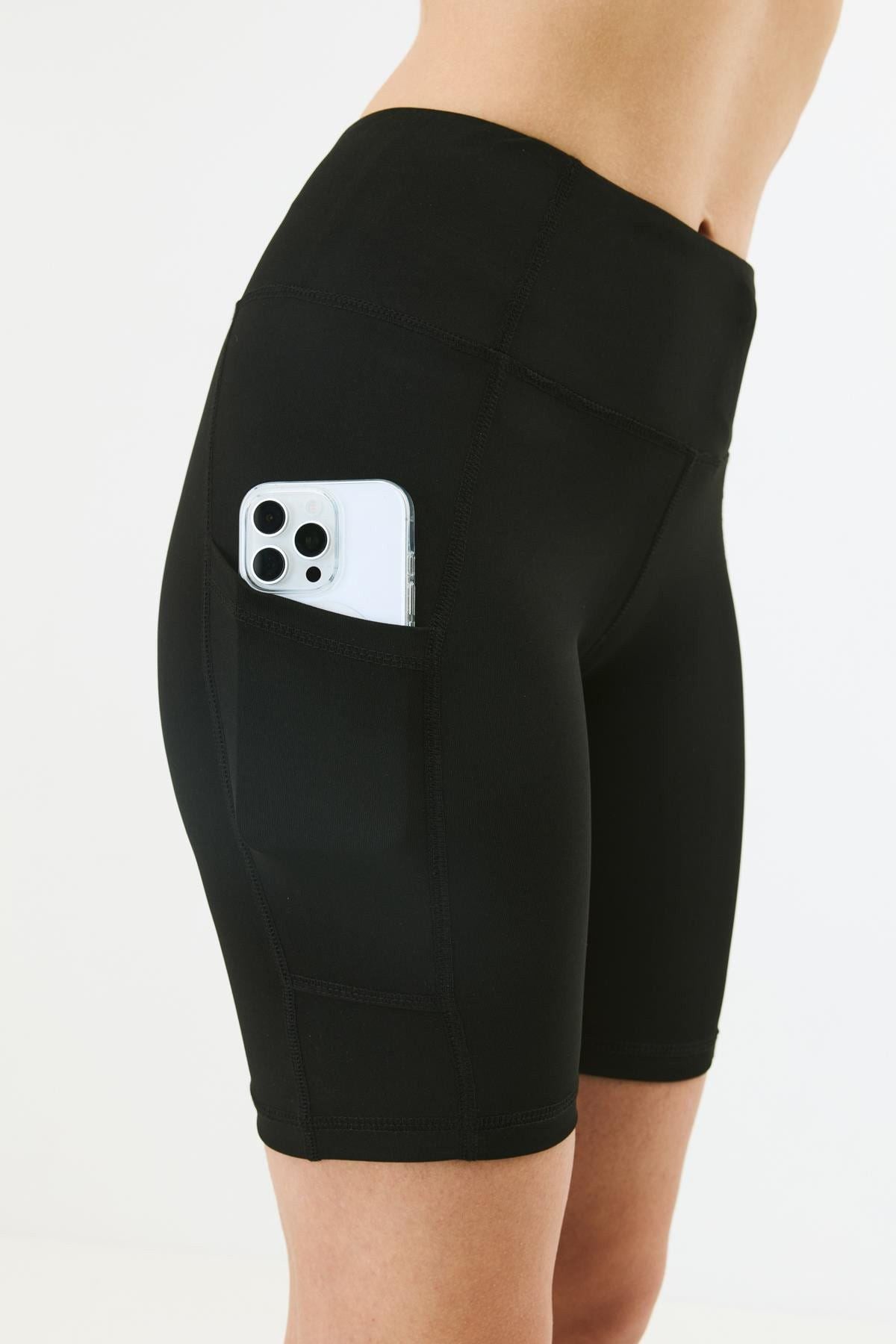 Hohe Taille Doppelte Tasche Kurze Leggings 9417 Schwarz