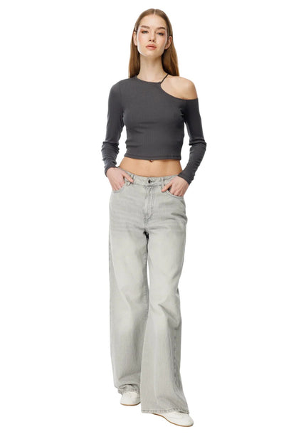 Offene Schulter Langarm Bluse
