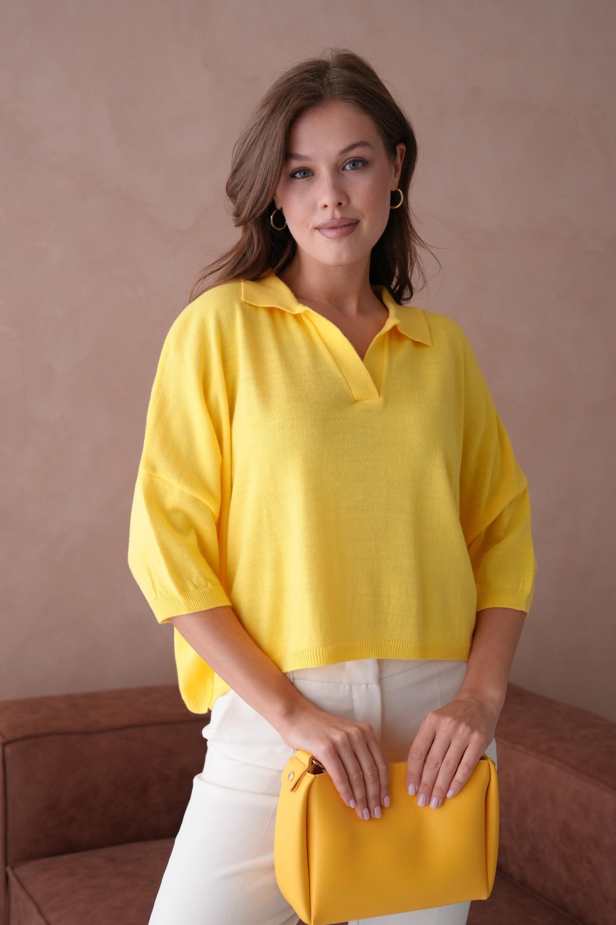 Oversize-Crop-Damenbluse mit Polokragen