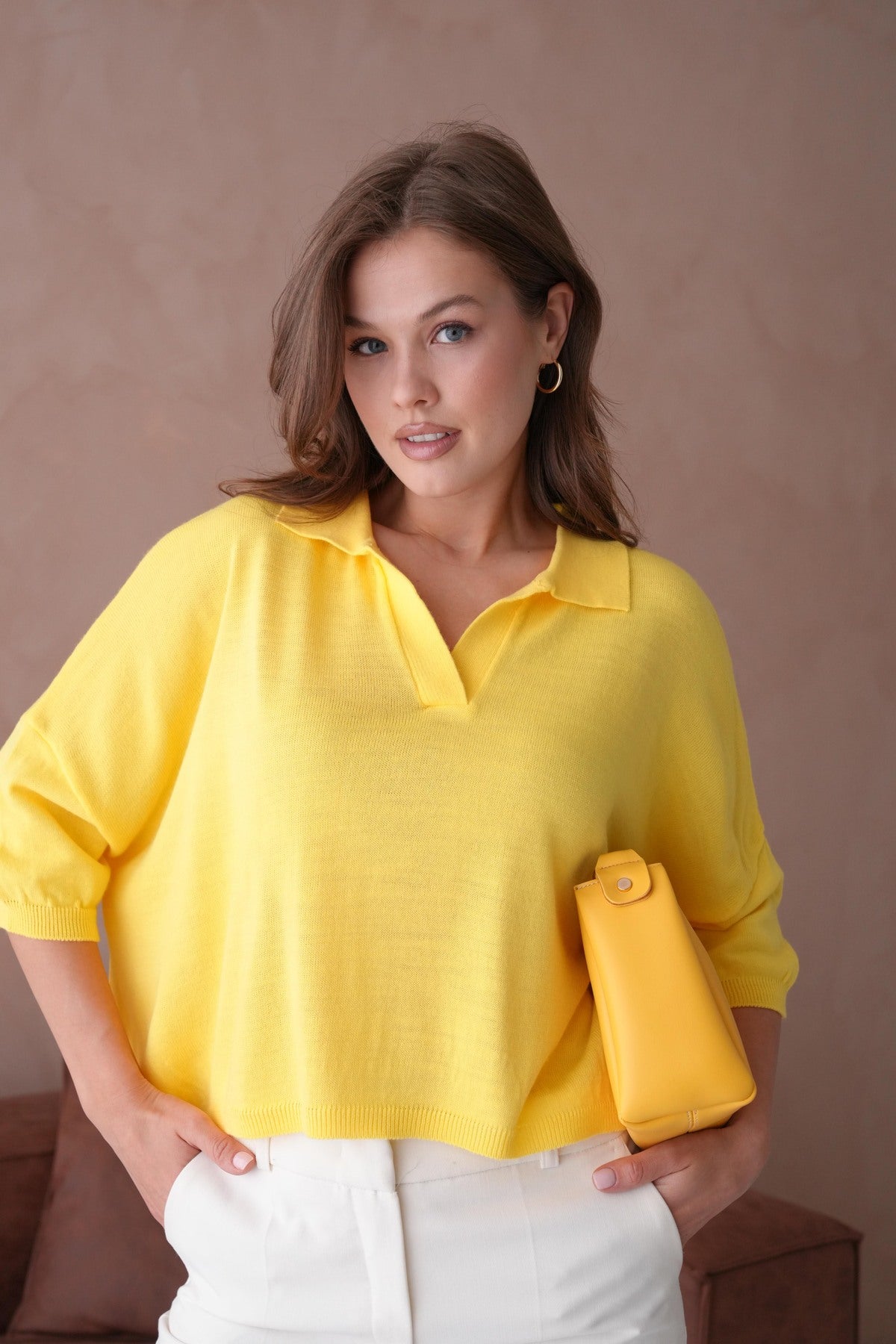 Oversize-Crop-Damenbluse mit Polokragen