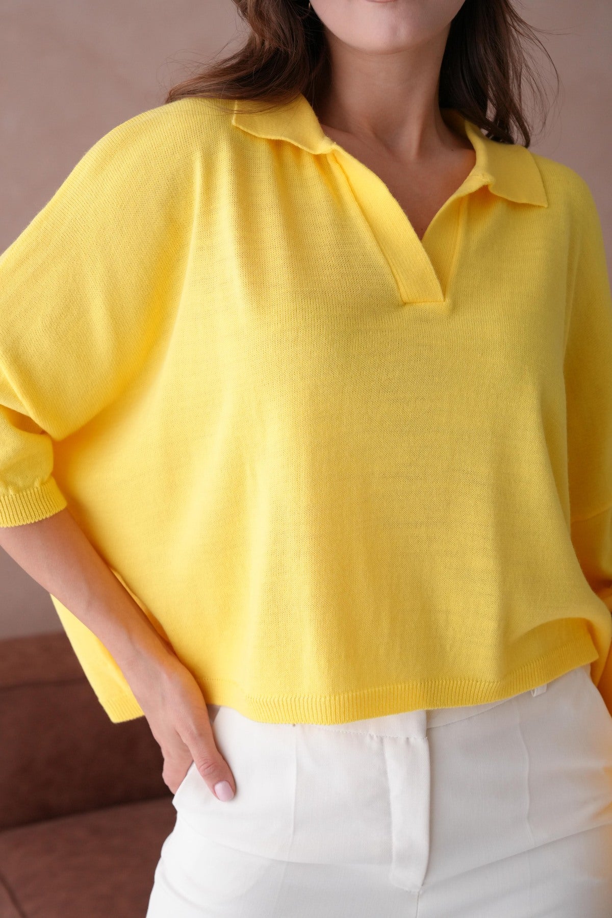 Oversize-Crop-Damenbluse mit Polokragen
