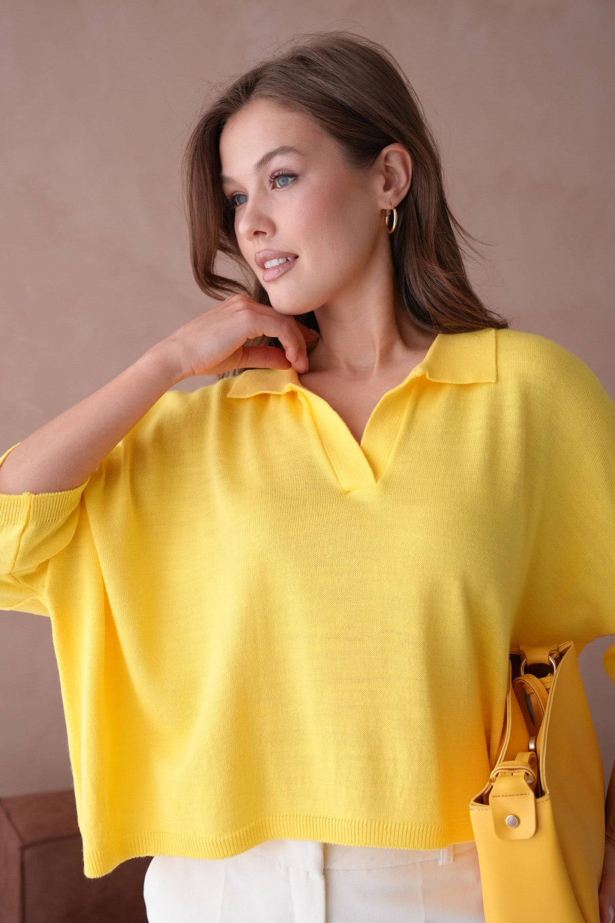 Oversize-Crop-Damenbluse mit Polokragen