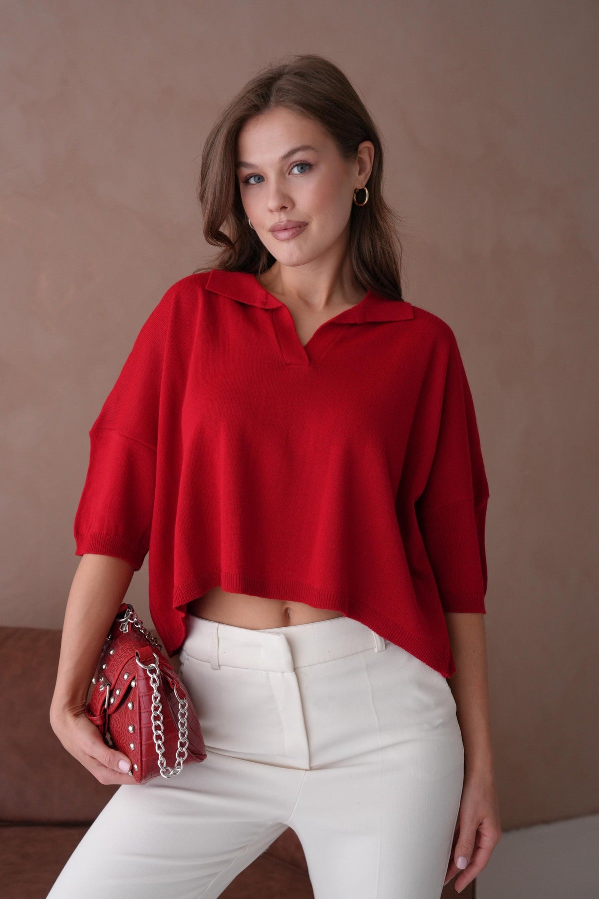 Oversize-Crop-Damenbluse mit Polokragen