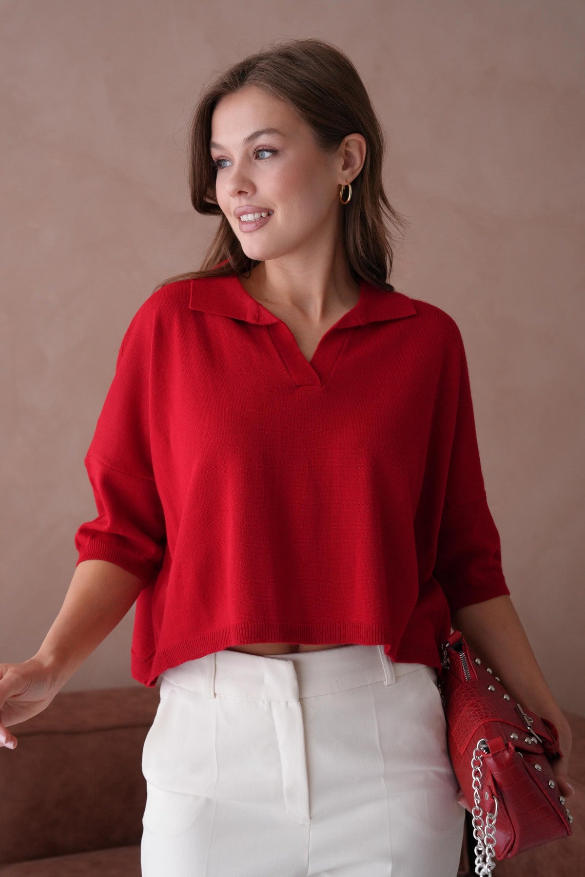 Oversize-Crop-Damenbluse mit Polokragen