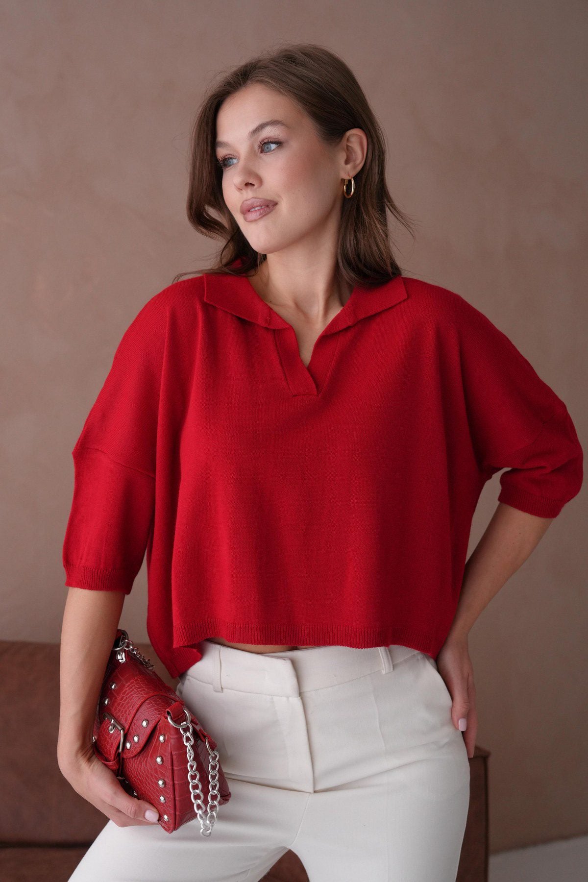 Oversize-Crop-Damenbluse mit Polokragen