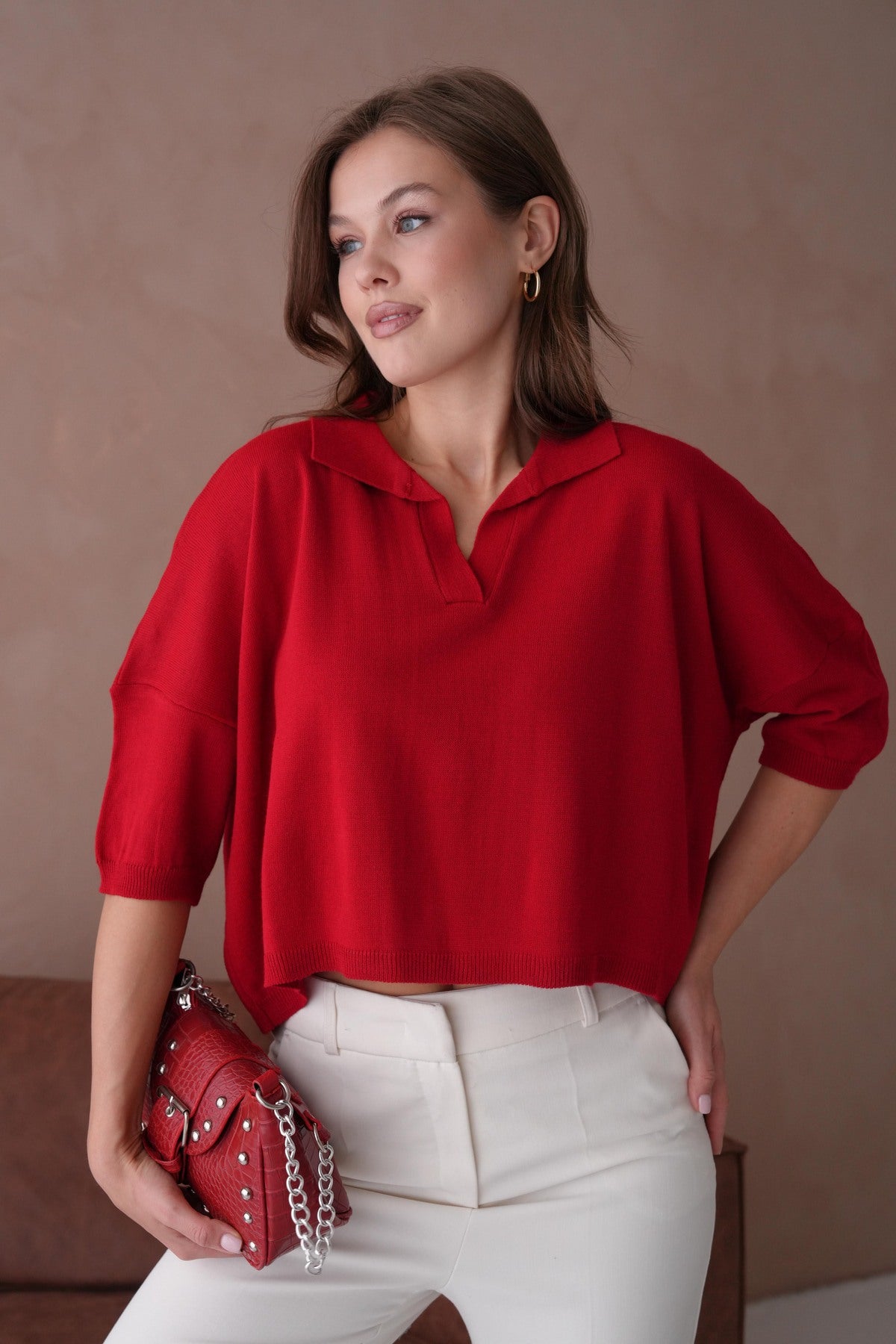 Oversize-Crop-Damenbluse mit Polokragen