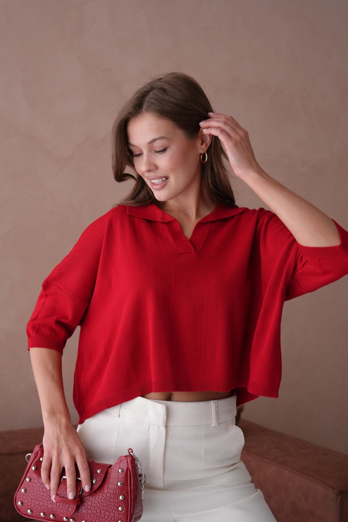 Oversize-Crop-Damenbluse mit Polokragen