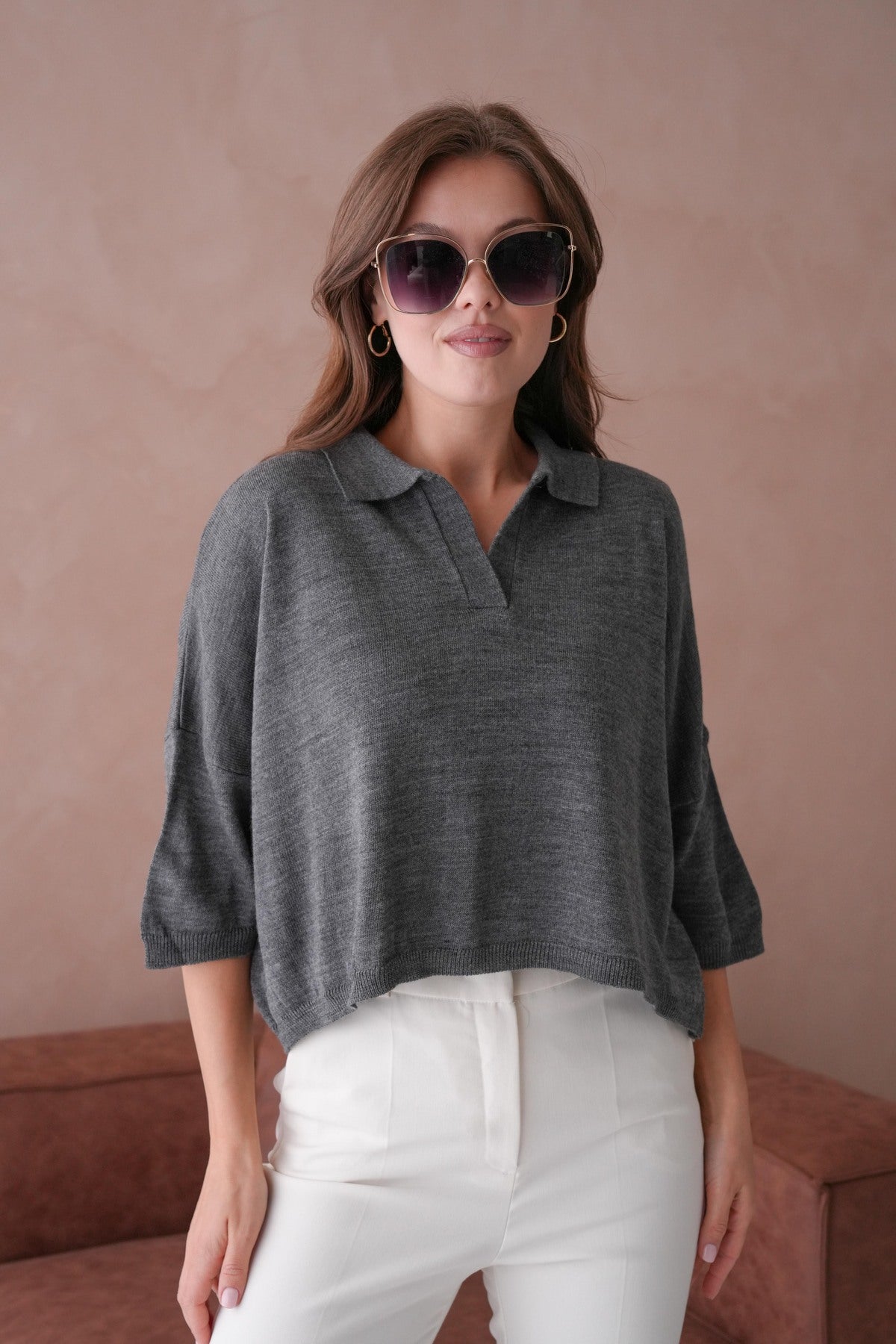 Oversize-Crop-Damenbluse mit Polokragen