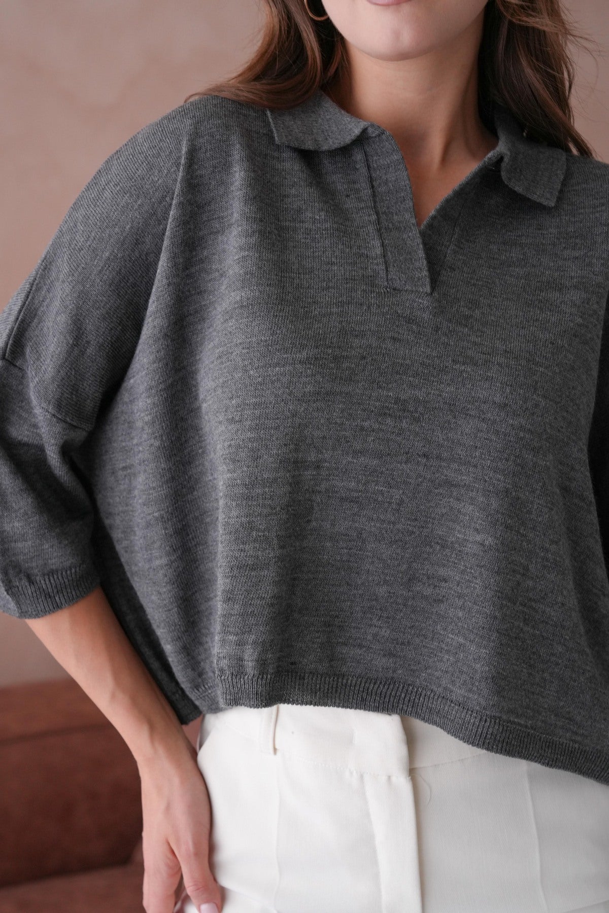 Oversize-Crop-Damenbluse mit Polokragen