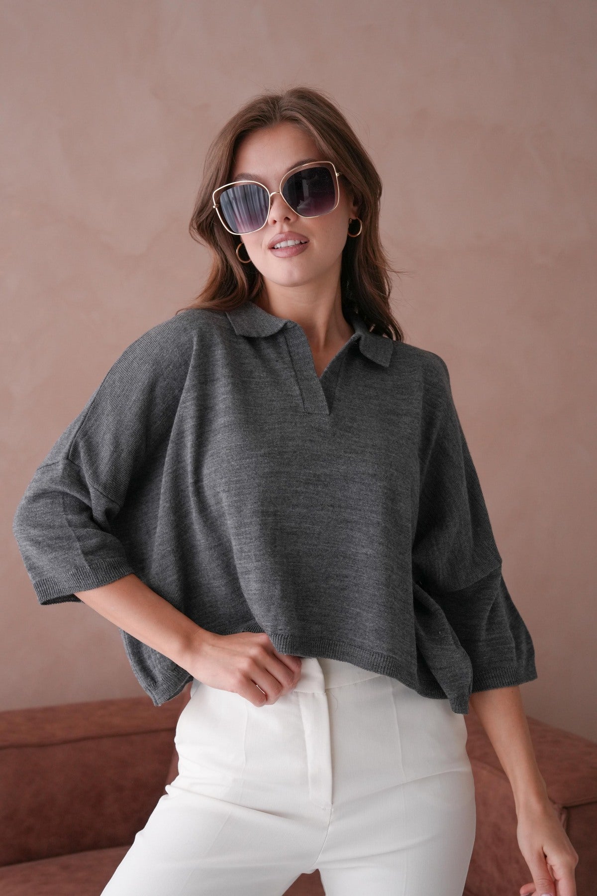 Oversize-Crop-Damenbluse mit Polokragen