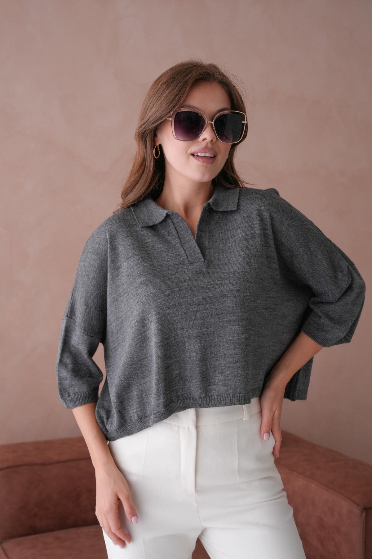 Oversize-Crop-Damenbluse mit Polokragen