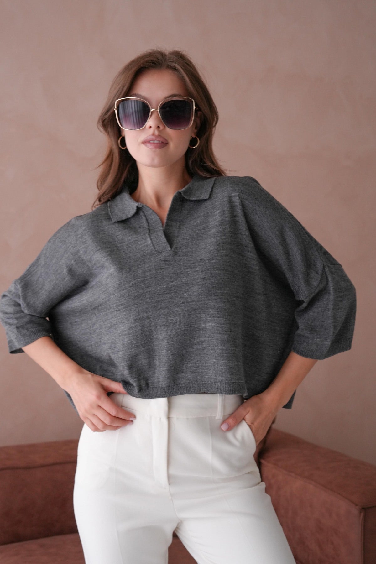 Oversize-Crop-Damenbluse mit Polokragen