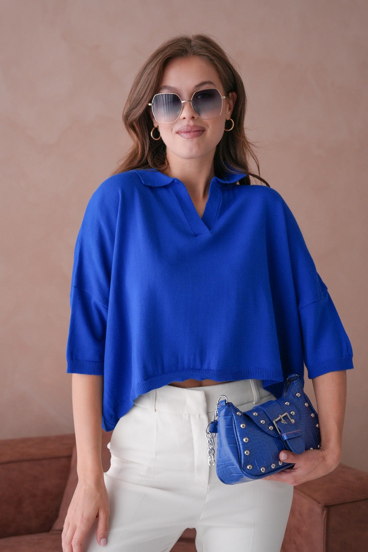 Oversize-Crop-Damenbluse mit Polokragen