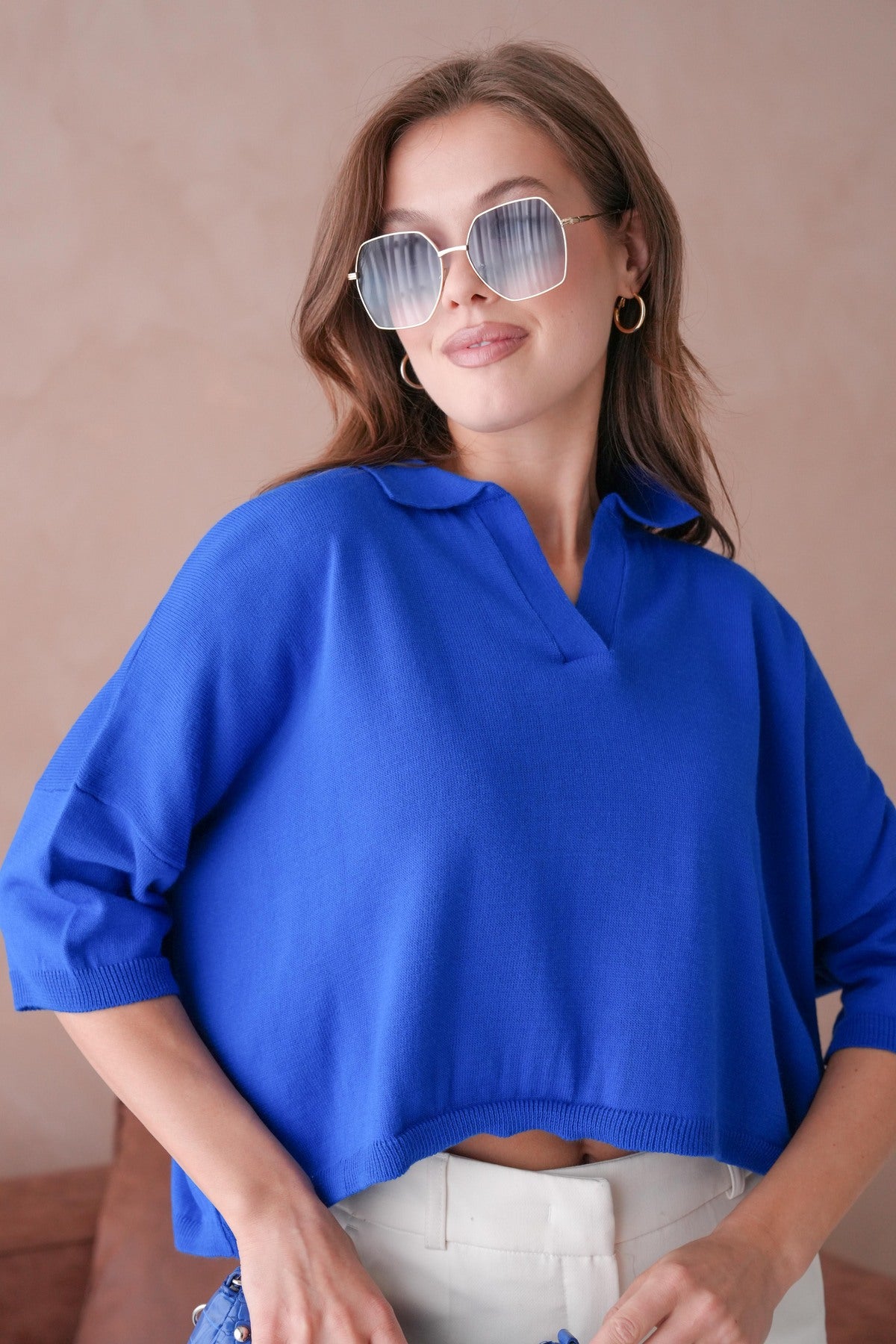 Oversize-Crop-Damenbluse mit Polokragen