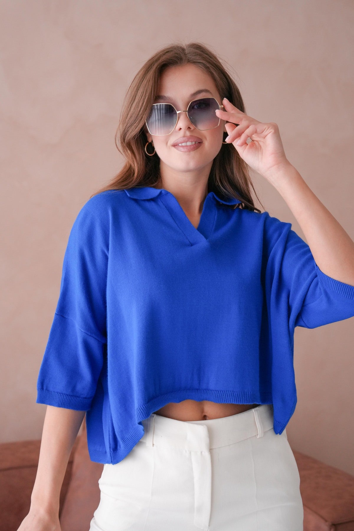 Oversize-Crop-Damenbluse mit Polokragen
