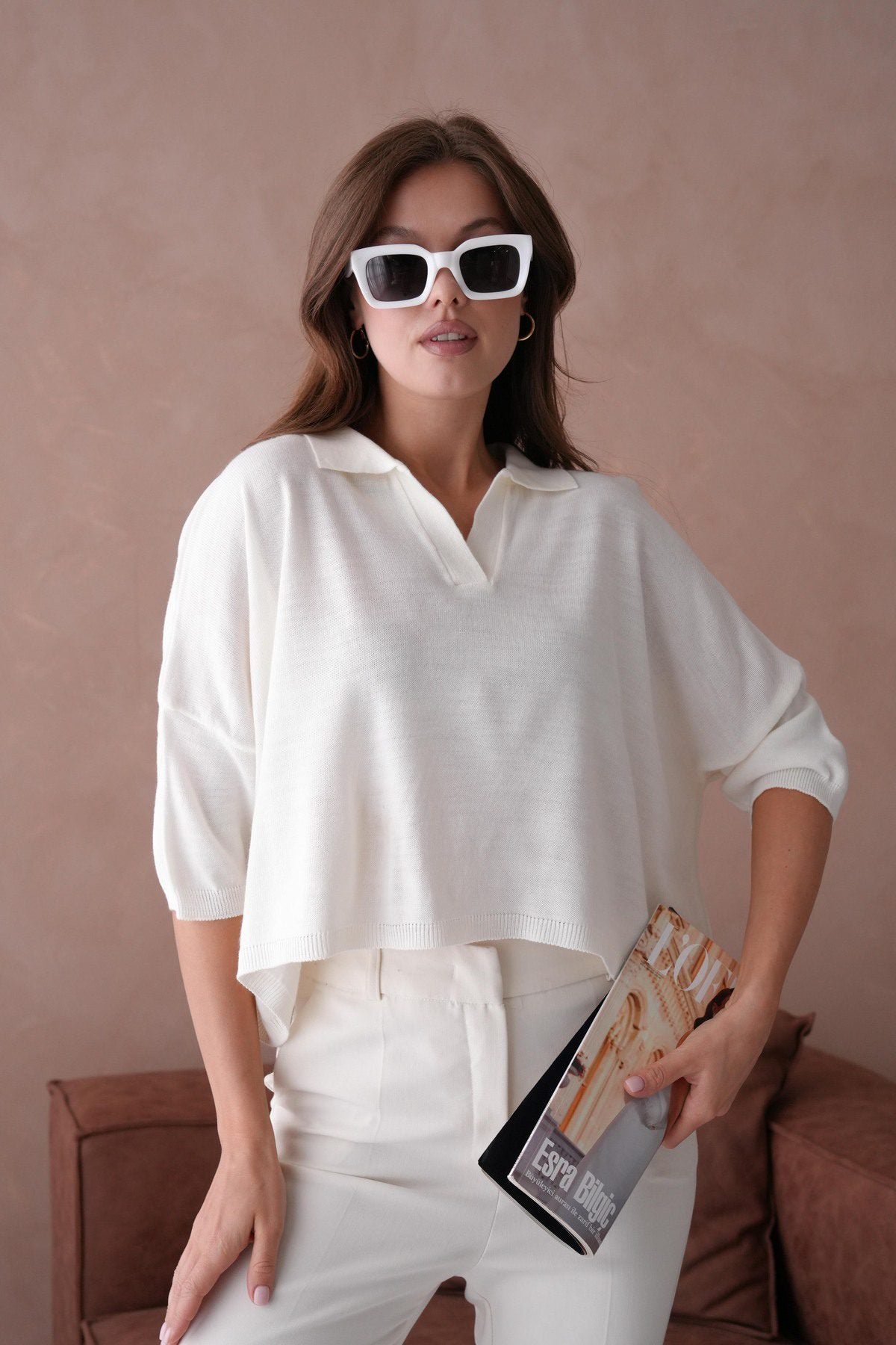 Oversize-Crop-Damenbluse mit Polokragen