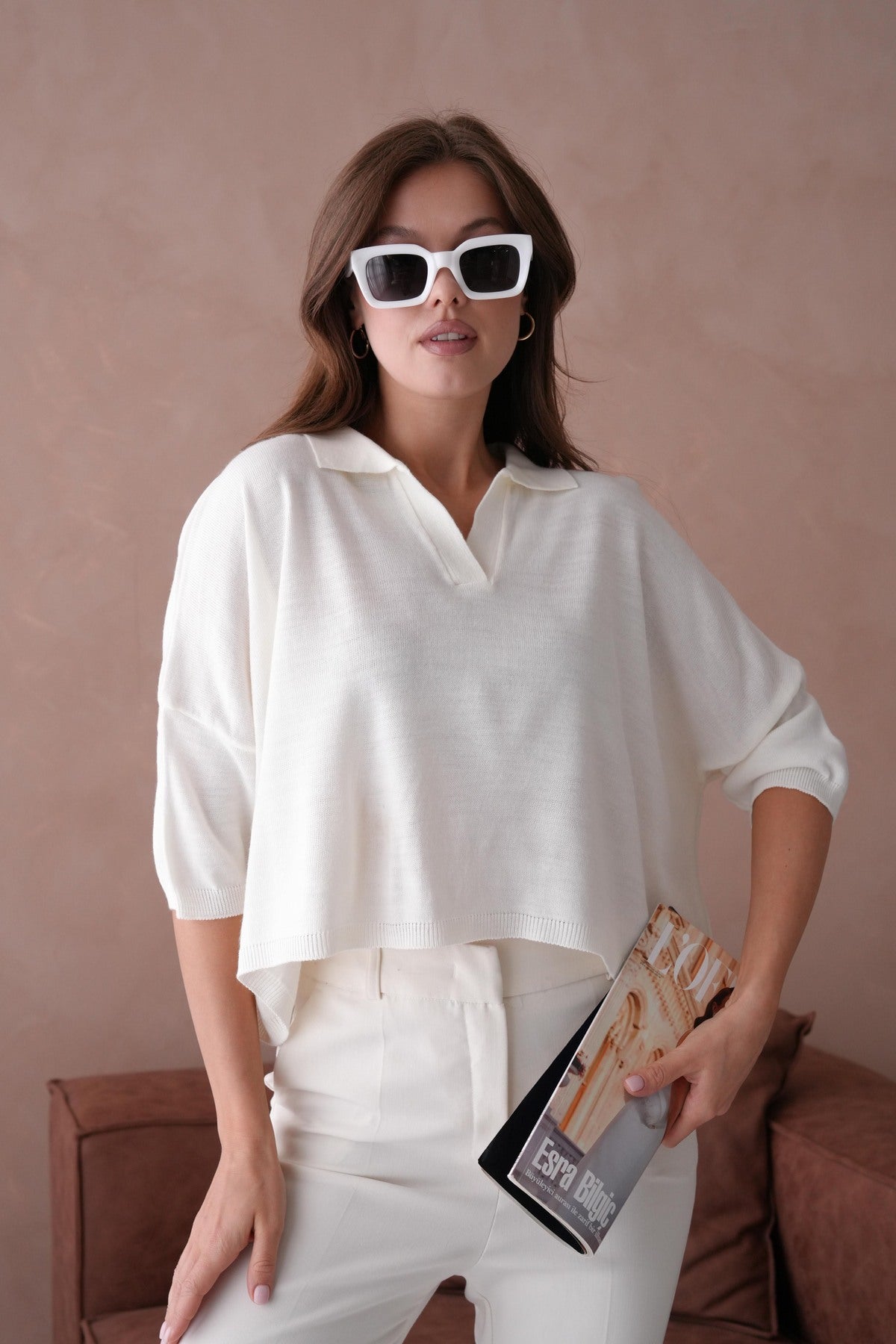 Oversize-Crop-Damenbluse mit Polokragen