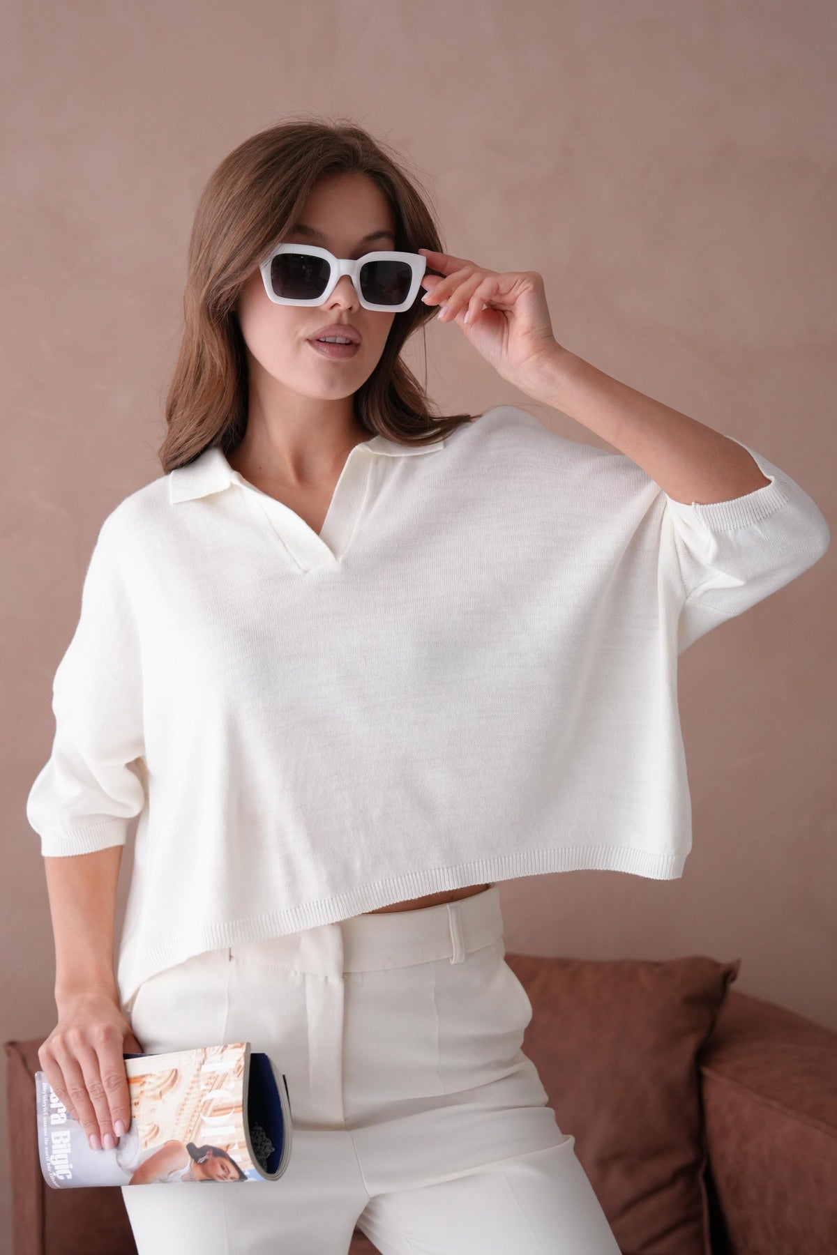 Oversize-Crop-Damenbluse mit Polokragen