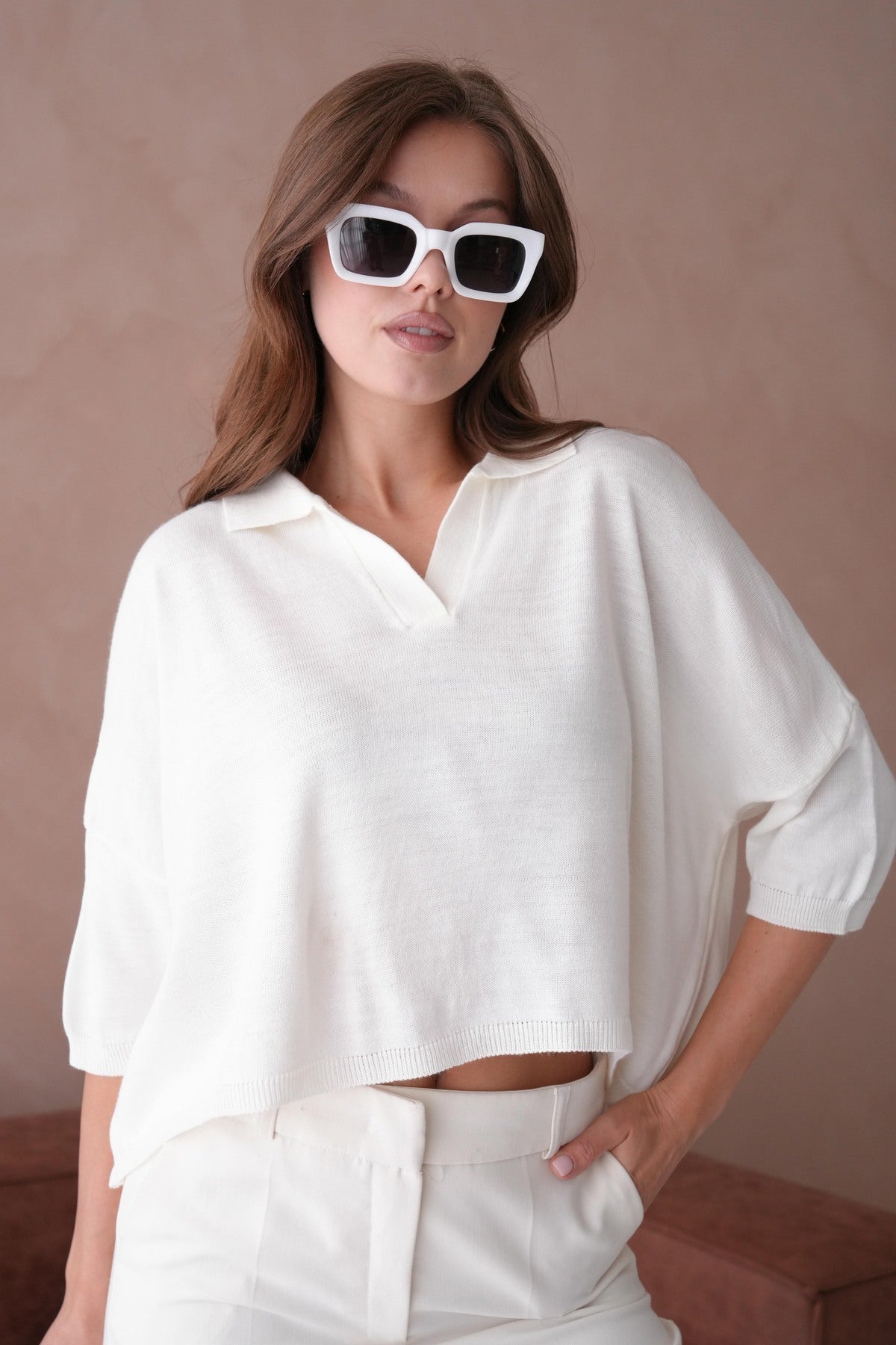 Oversize-Crop-Damenbluse mit Polokragen