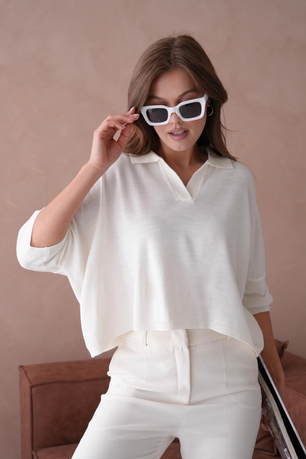 Oversize-Crop-Damenbluse mit Polokragen