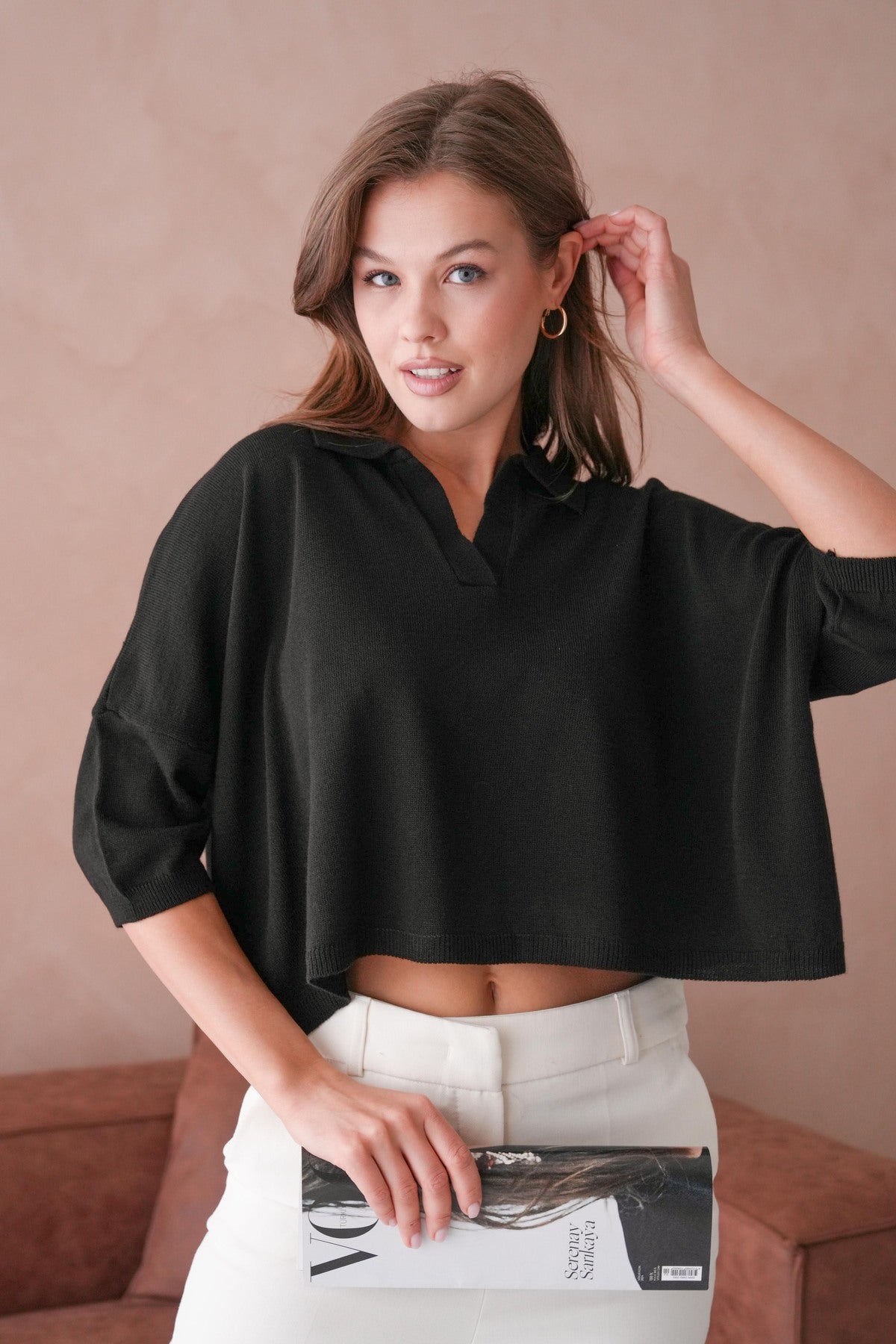 Oversize-Crop-Damenbluse mit Polokragen