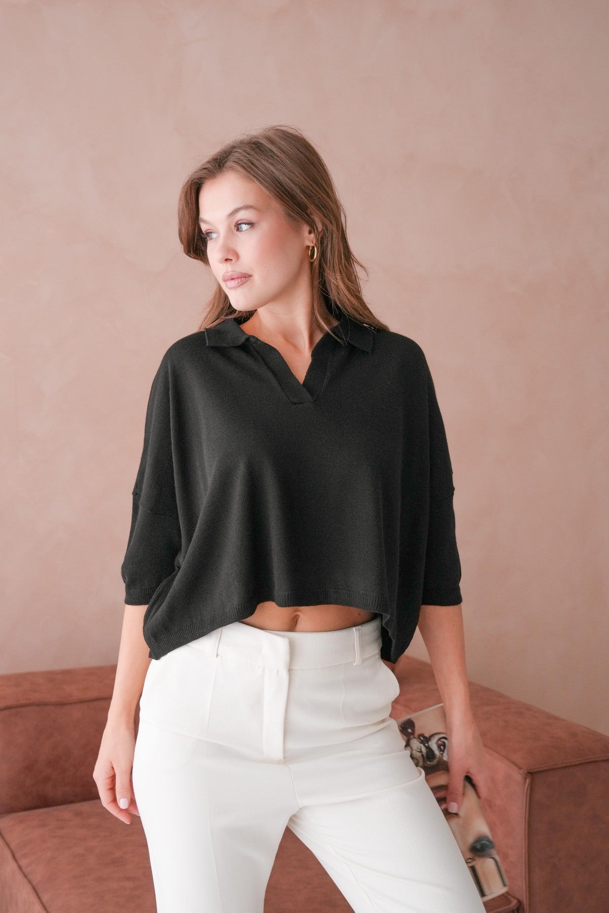 Oversize-Crop-Damenbluse mit Polokragen