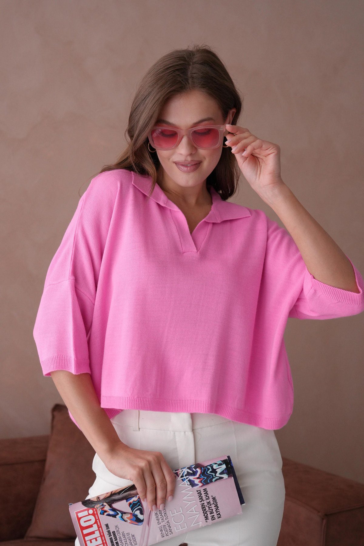 Oversize-Crop-Damenbluse mit Polokragen