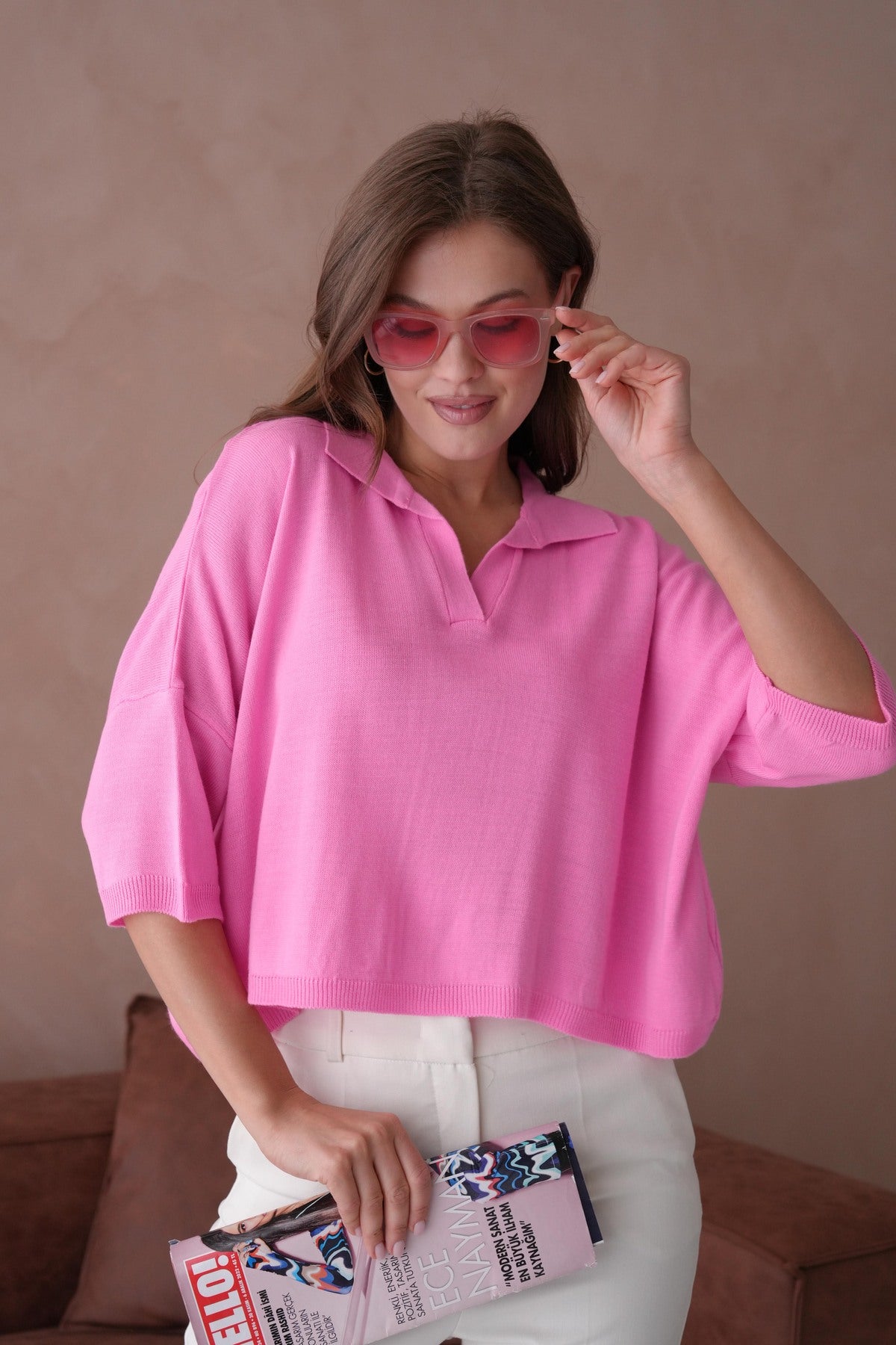 Oversize-Crop-Damenbluse mit Polokragen