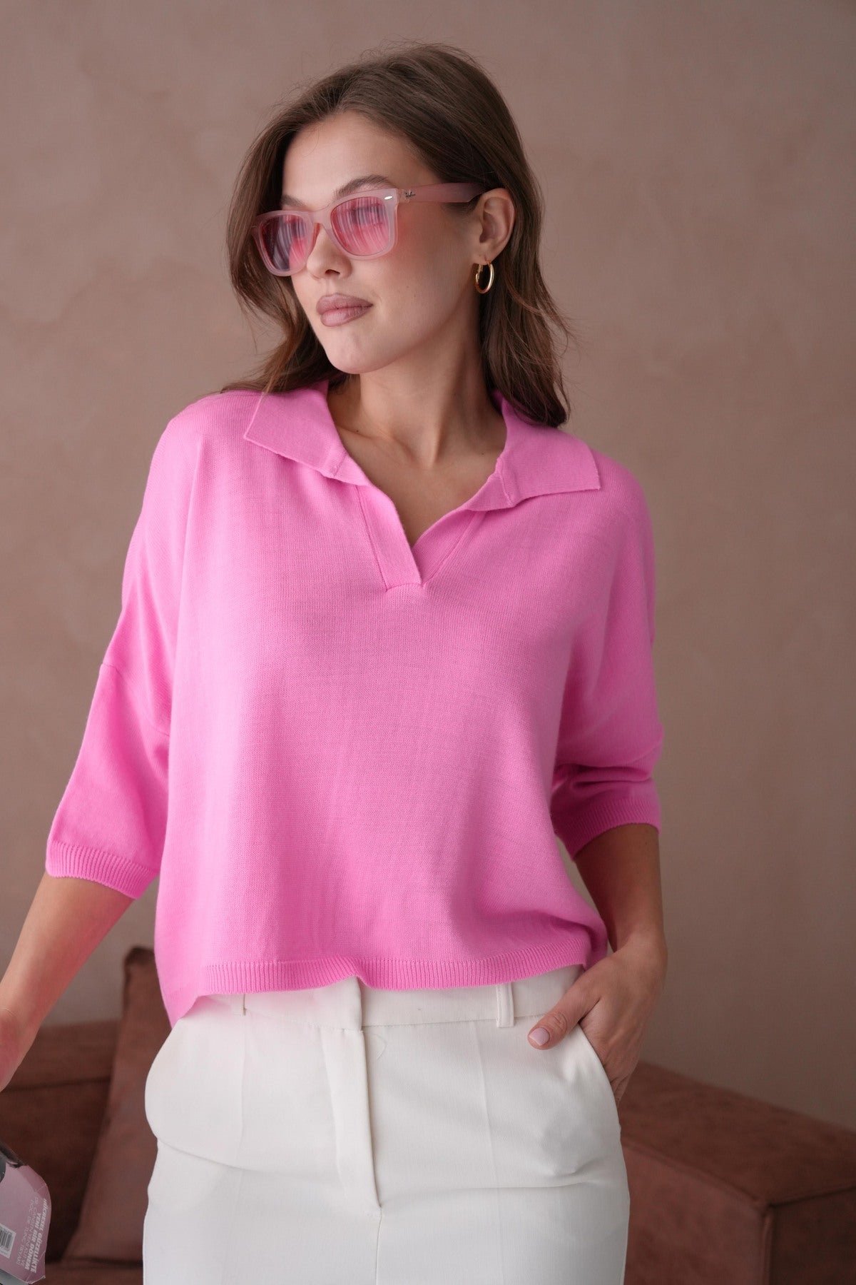 Oversize-Crop-Damenbluse mit Polokragen