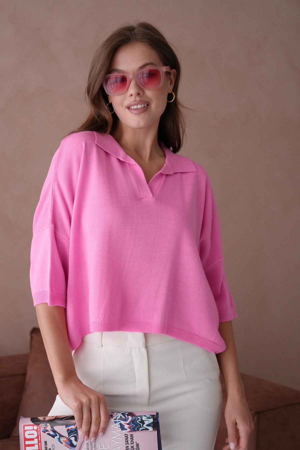 Oversize-Crop-Damenbluse mit Polokragen