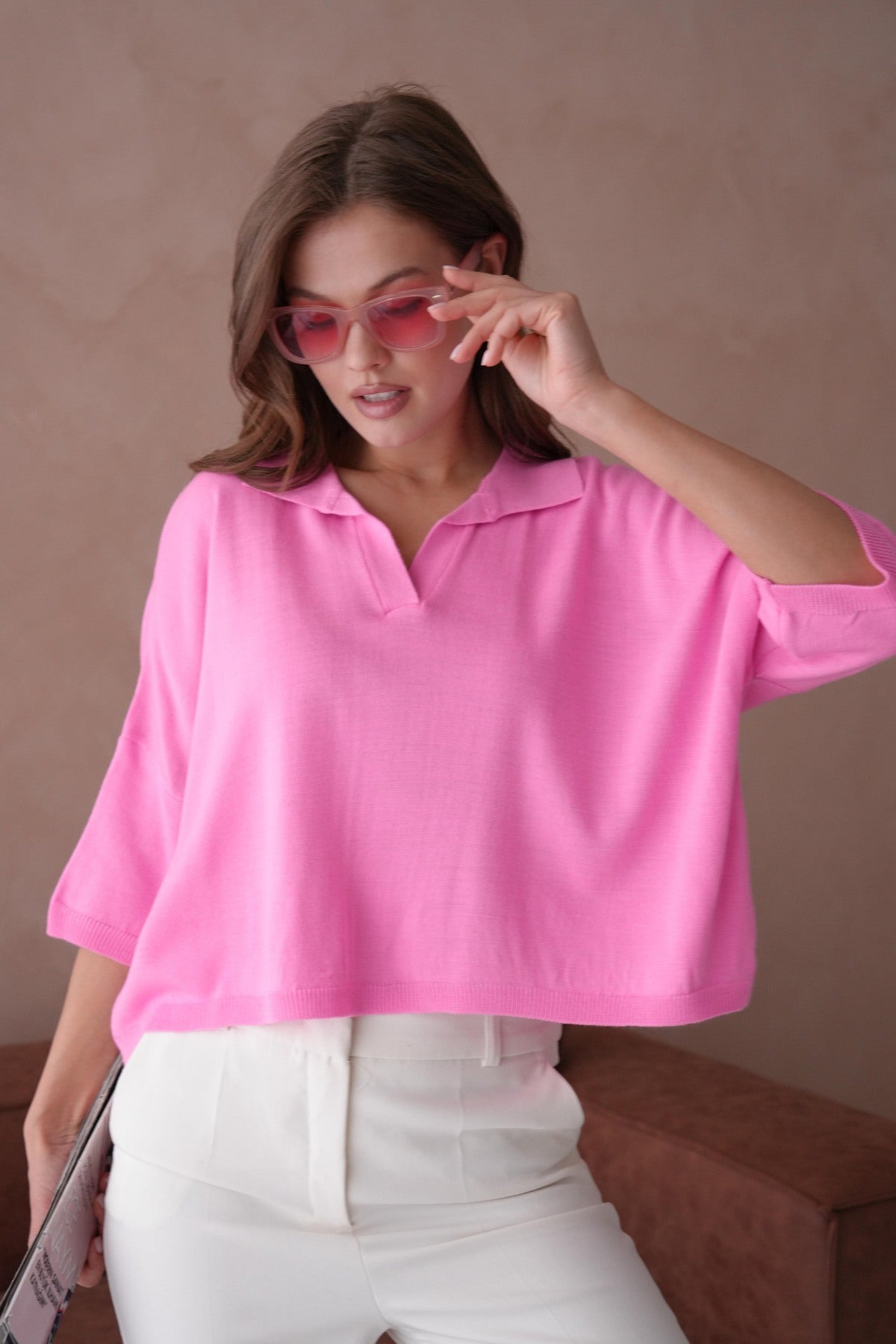 Oversize-Crop-Damenbluse mit Polokragen