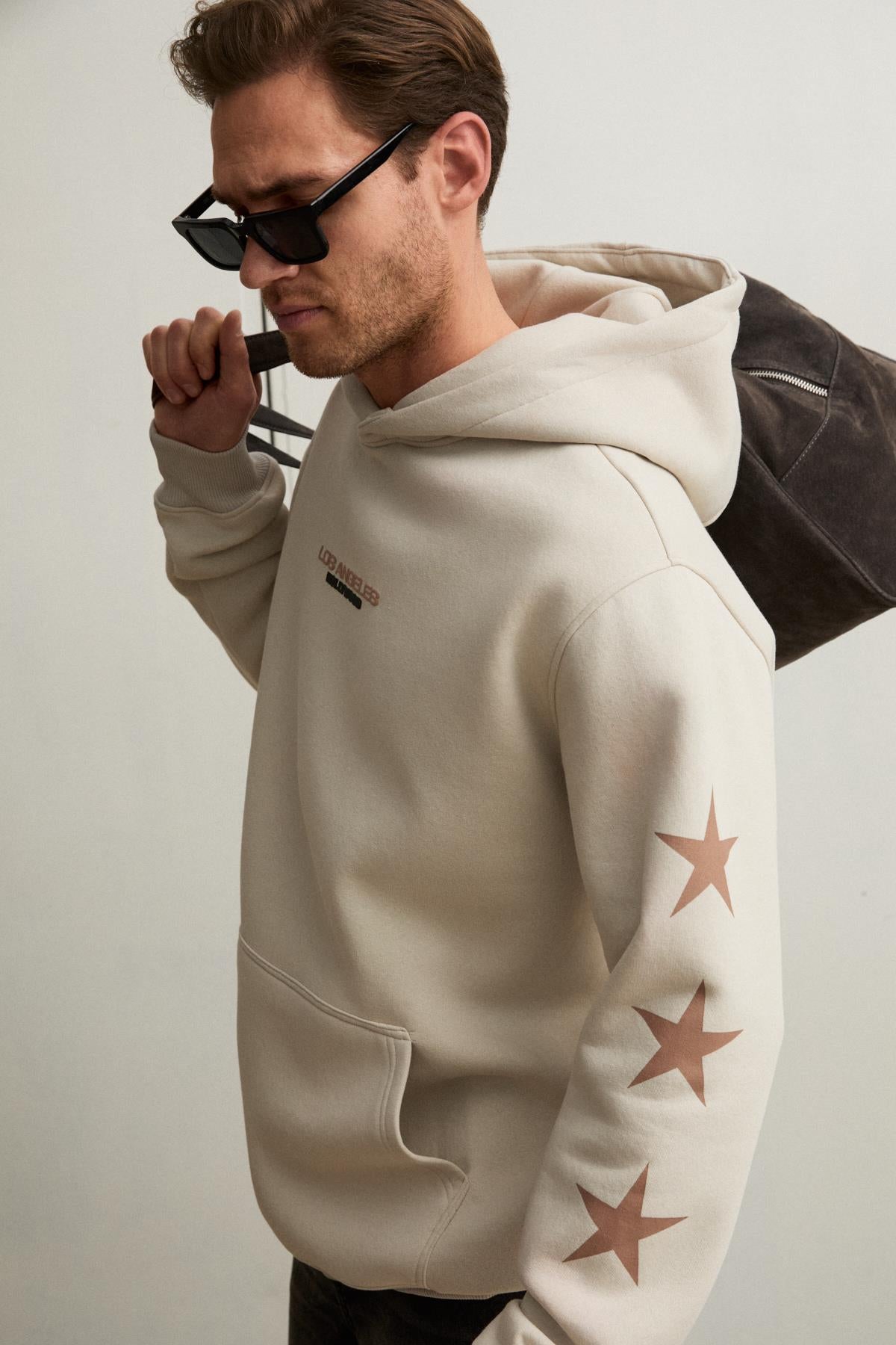 GRIMELANGE TUXON Herren Fleece-Hoodie Sweatshirt Steinfarbe