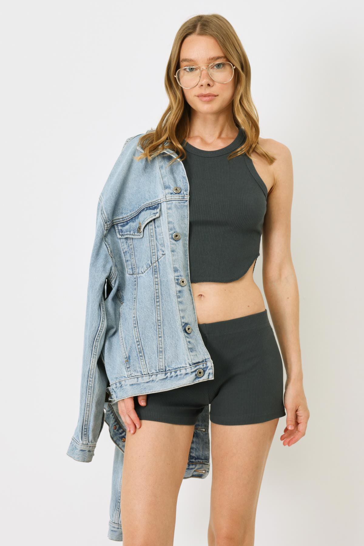 Damen Geripptes Träger Crop Top