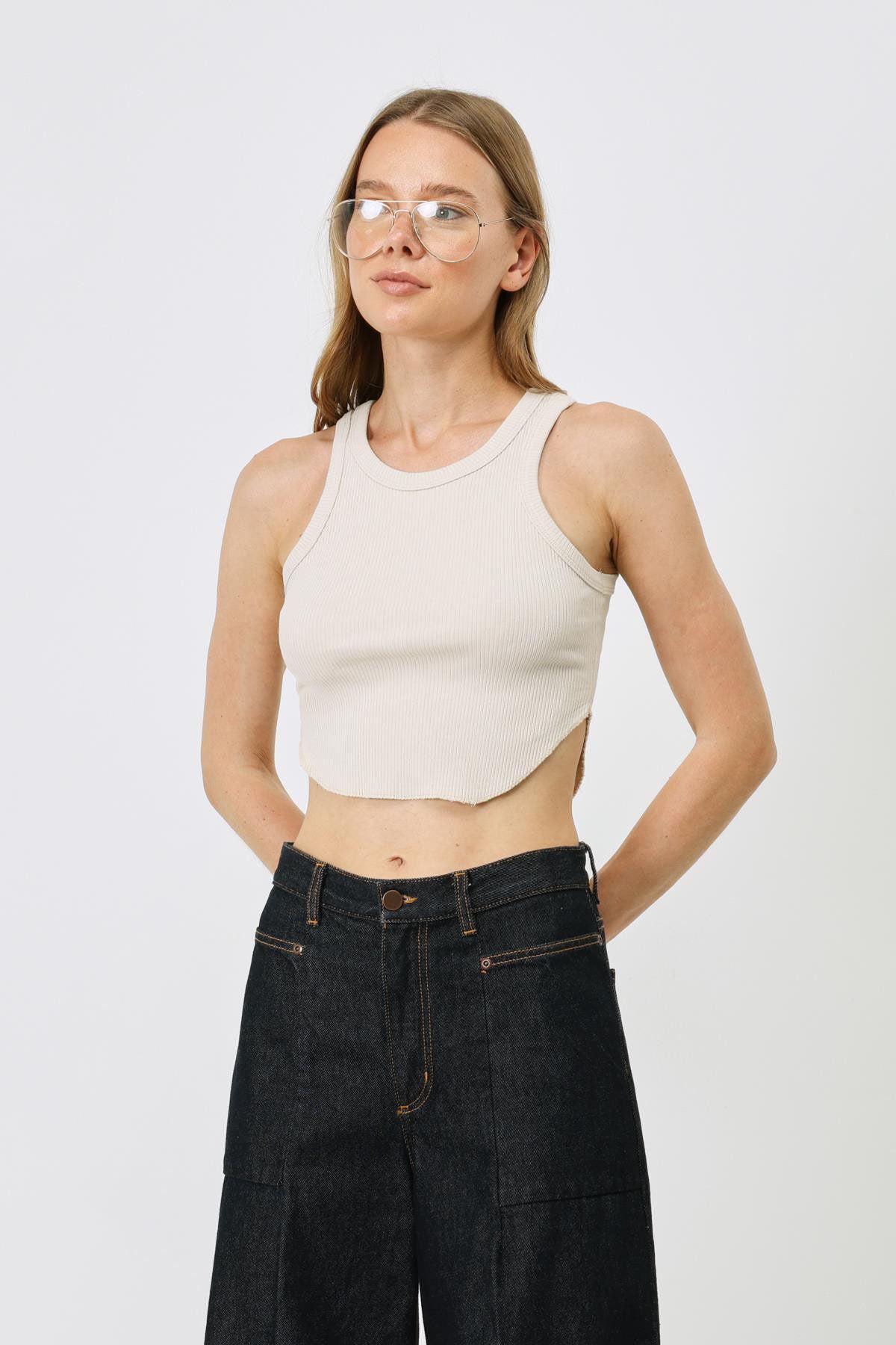 Damen Geripptes Träger Crop Top