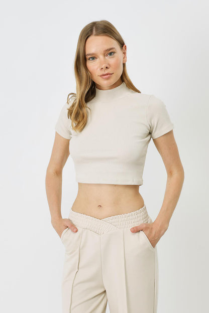 Damen Kurzarm-Rippbluse mit hohem Ausschnitt